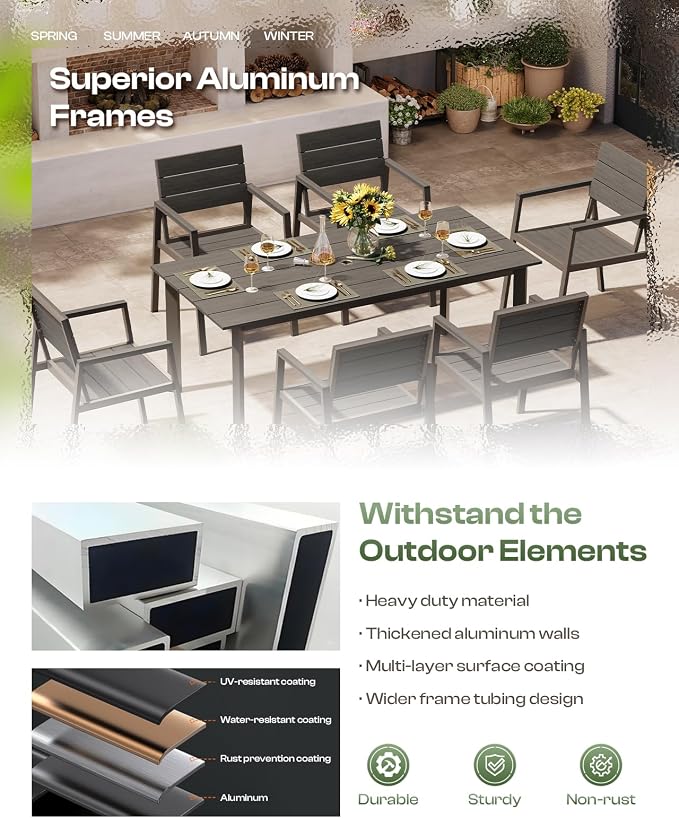 Outdoor Dining Set for 4, Patio Table and Chairs Set with Umbrella Hole, 5 Pieces HDPS + Aluminum Outdoor Furniture Sets for Patio, Garden
