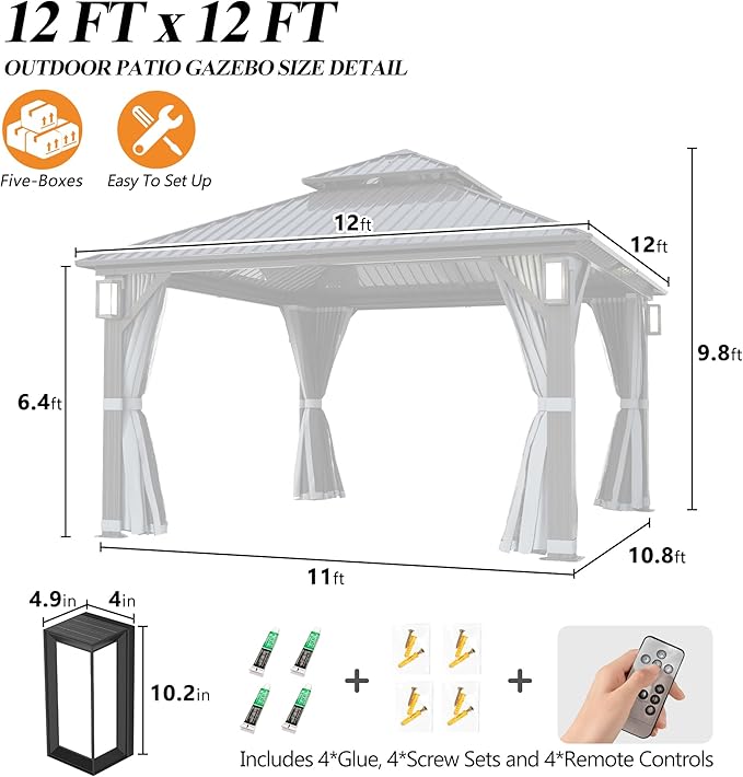 GARTOO 12'x12' Outdoor Hardtop Gazebo with Double Roof - Heavy-Duty Galvanized Steel Top Aluminum Frame Gazebowith Solar LED Light, Breathable Netting & Privacy Curtain for Patio, Garden, Backyard