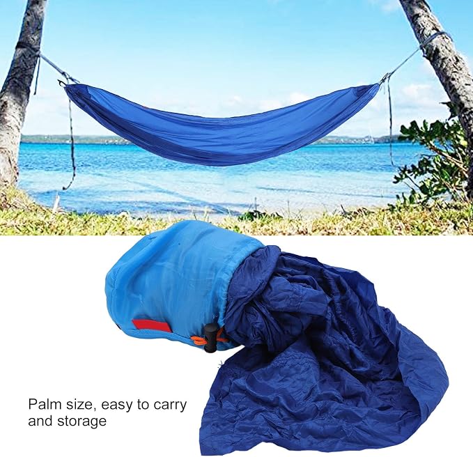 Portable Parachute Camping Hammock, Lightweight Outdoor Hammock with Aluminum Snap Hooks and Storage Bags, Compact Foldable Design for Hiking Backpacking Travel (Blue)