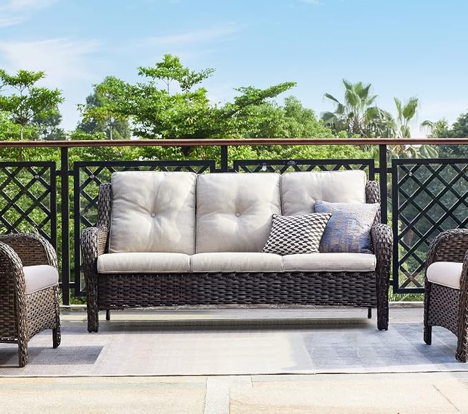 HUMMUH 6 Piece Patio Furniture Set PE Wicker Rattan 3-Seat Outdoor Sectional Sofa with Love Seats,Patio Swivel Chairs,Ottomans Conversation Sets for Garden, Poolside, Backyard