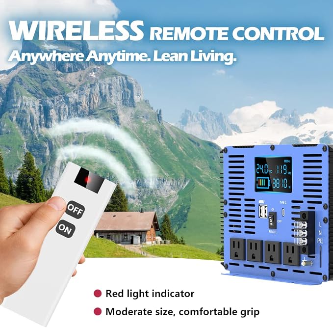 Pure Sine Wave Power Inverter - 4000W 24V DC to 110V/120V AC, 4 Sockets, Dual USB, Type-C, LCD Display, Remote Control for Home, RV, Solar, Car