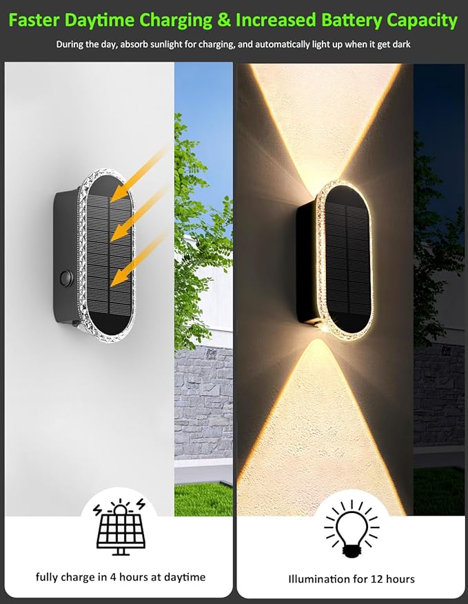 Solar Fence Lights Outdoor, 3000K/4000K/6000K 3 Modes Solar Wall Lights Outdoor Waterproof, Up&Down Dual-Head Outdoor Solar Lights for Yard House Fence Backyard Deck Garden Patio Porch, 2 PK