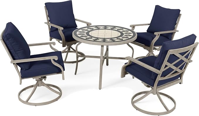 5-Piece Patio Dining Set, 4 Swivel Chairs with Removable Thickened Cushions & a 3D Textured Table with Umbrella Hole, All-Weather Furniture for Backyard, Garden, Lawn, Blue
