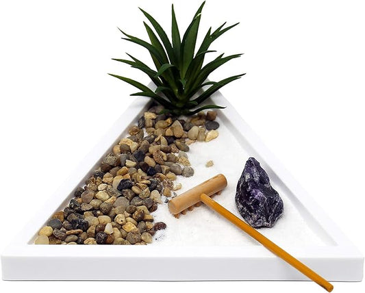 Nature's Mark Mini Zen Garden Kit with White Sand, Rake, White Base, Salt Rock and Air Plant (Triangle)