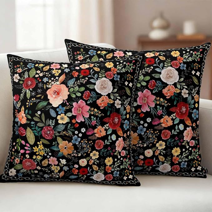 Watercolor Flowers Waterproof Outdoor Pillow Covers 24''x24'' Set of 2, Farmhouse Floral Patio Furniture Black Cushion Covers for Chairs, Decorative Vintage Wildflowers Pillow Cases for Garden/Pool