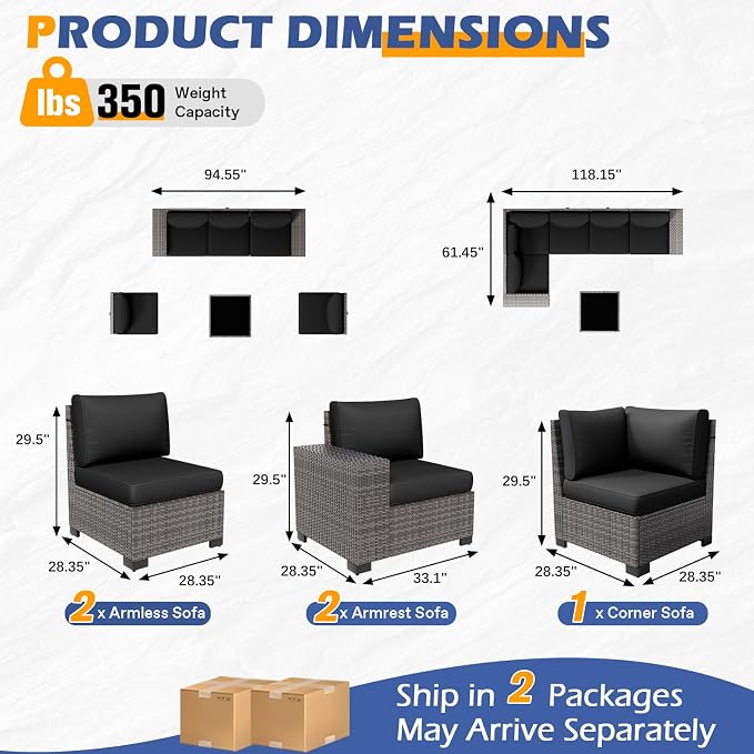 6 Pieces Outdoor Patio Furniture Set with Table Gray Rattan Sectional Sofa Conversation Sets for Balcony Lawn and Garden (Black, 6 pcs w/Table)