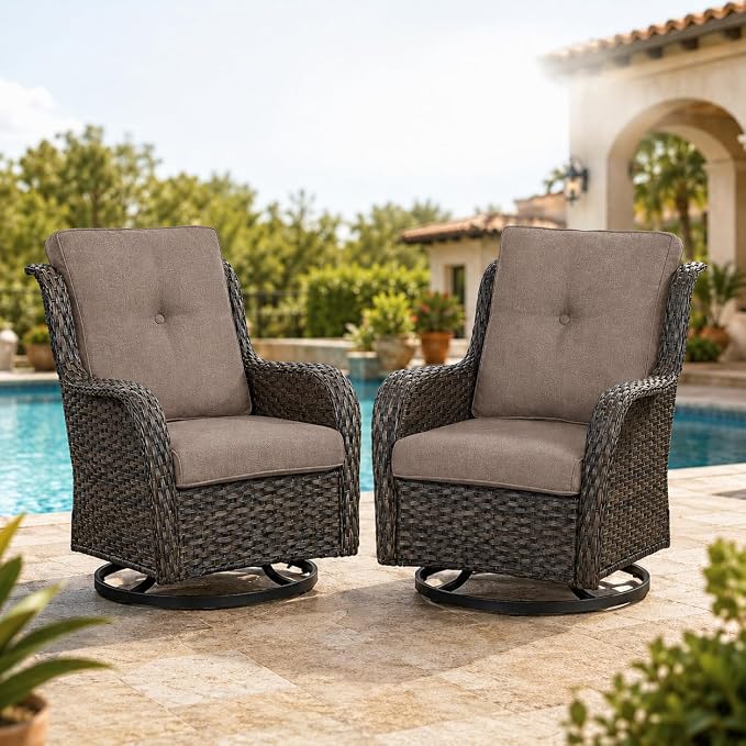 HUMMUH Outdoor Swivel Rocker Wicker Patio Chairs Set of 2, Rattan Rocking Chair Furniture Set(Brown,Grey)