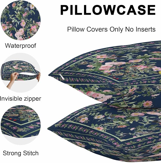 Vandarllin Outdoor Throw Pillows Covers 16x16 inch Set of 2 Waterproof Pink Floral Bird Decorative Zippered Cushion Covers for Patio Furniture, Green Leaves Branches Navy Blue Lumbar Pillowcases