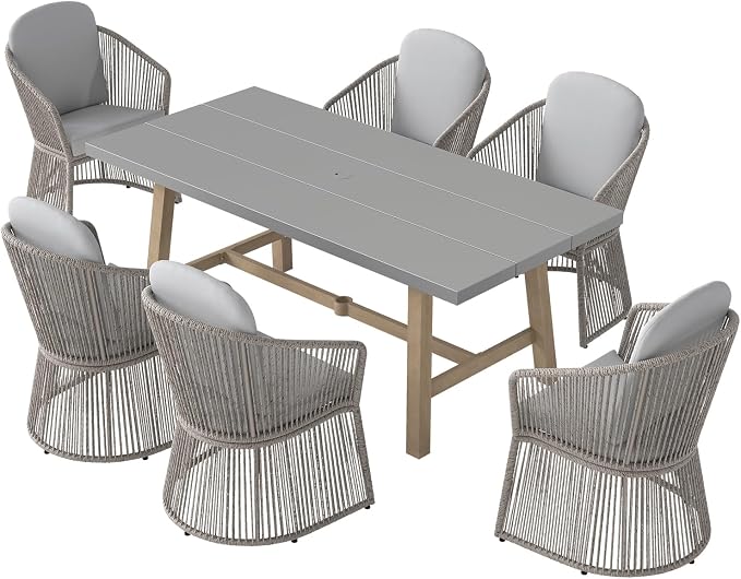 SUNSITT 7 Piece Outdoor Patio Dining Set, Patio Dining Furniture Set with 76” Aluminum Dining Table w/Umbrella Hole and 6 Woven Wicker Outdoor Patio Chairs w/Curved Armrest for Garden, Light Grey