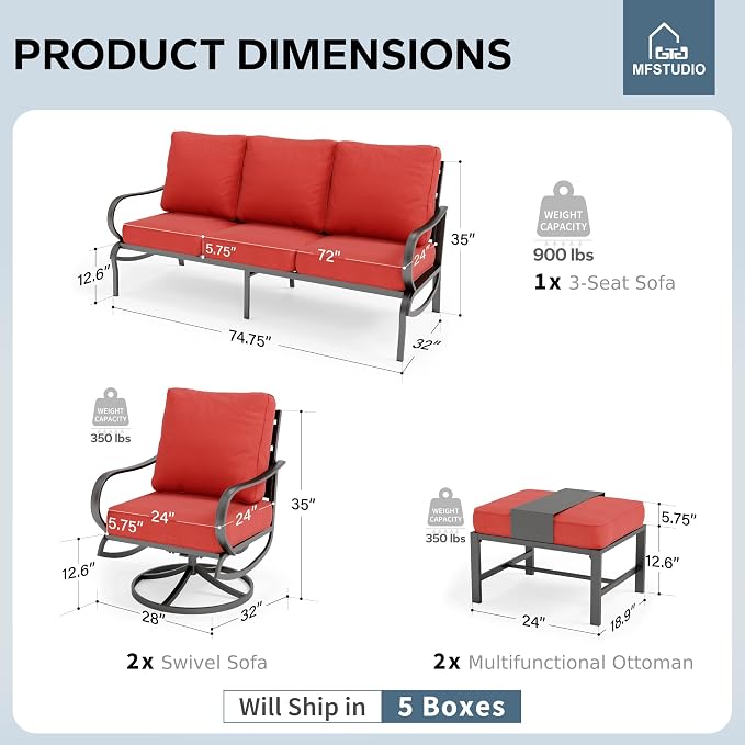 MFSTUDIO 5 Pieces Patio Conversation Sets,Outdoor Metal Furniture Sofas with 1 x 3-Seat Sofa, 2 x Swivel Chairs,2 x Ottoman,Wrought Iron Frame with Red Cushion for Patio Courtyard Balcony
