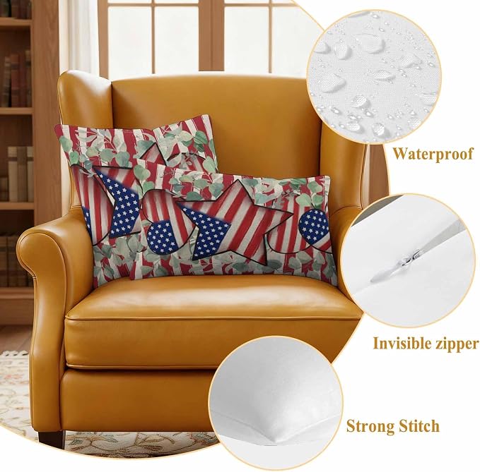 Stars Stripes Flag Waterproof Outdoor Pillow Covers Set of 2 Home Decor, Independence Day Eucalyptus Leaf Pillowcase Patio Pillow Covers for Couch Bench Furniture Garden 26x26in