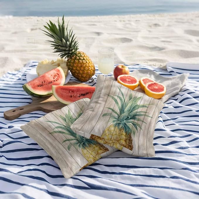 Vandarllin Outdoor Throw Pillows Covers 16x16 inch Set of 2 Waterproof Pineapple Decorative Zippered Cushion Covers for Patio Furniture, Summer Tropical Fruit Wood Lumbar Pillowcases