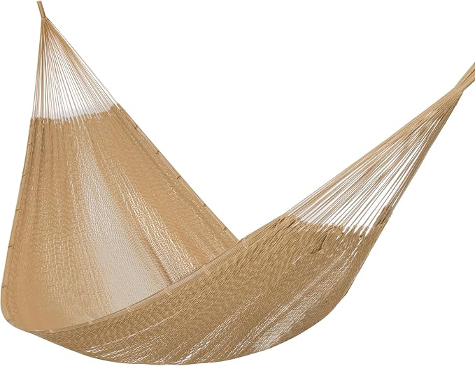 PNAEUT Handwoven Mayan Hammock, Thick Soft Rope Double Hammock for Outdoor Outside & Indoor, 600 lbs Capacity Heavy-Duty, Includes Tree Straps, Carabiners & Carrying Bag(Tan, X-Large)