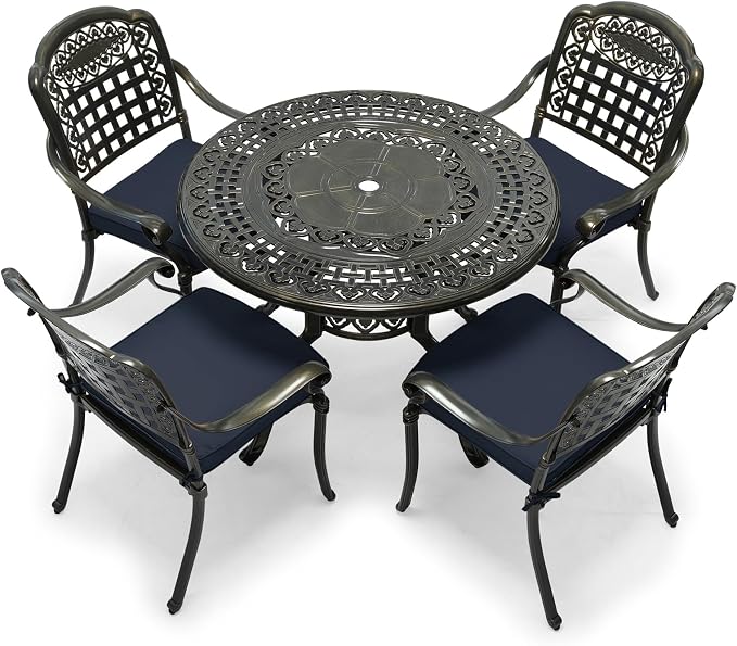 VIVIJASON 5-Piece Patio Furniture Dining Set, All-Weather Cast Aluminum Outdoor Conversation Set, Include 4 Cushioned Chairs and 1 Round Table w/Umbrella Hole for Balcony, Backyard, Navy Blue Cushion
