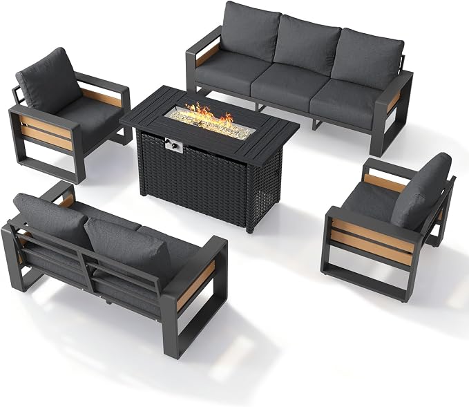 Aoxun Aluminum Patio Furniture Set with Fire Pit Table, 5 Piece Luxury Outdoor Sectional with 6" Olefin Fabric Cushions, Patio Conversation Sets with Waterproof Cover for Backyard, Porch Dark Grey