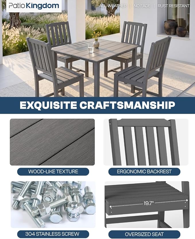 HDPE Outdoor Dining Set for 4, Square Table and Chairs, Grey | All-Weather HDPE, Wood Grain Finish, 42.5" Square Table, Built-In Umbrella Hole, Seats 4, Patio & Poolside Ready