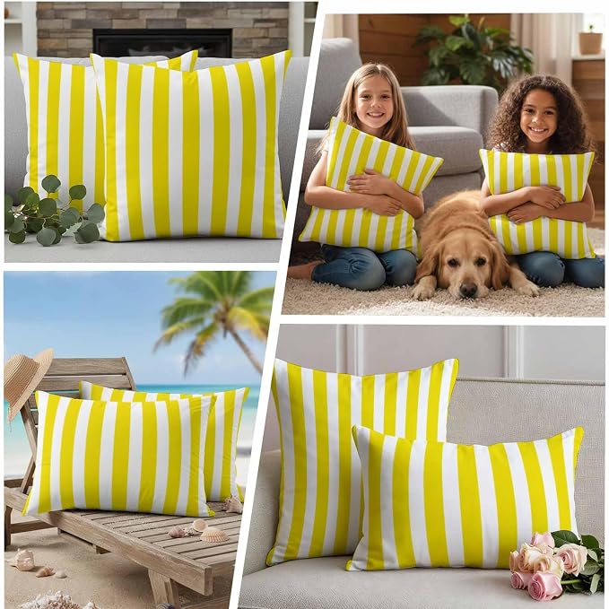 Yellow Striped Outdoor Waterproof Throw Pillow Covers 20x12 Set of 2, Modern Farmhouse Yellow White Stripes Decorative Pillowcases Cushion Pillowcase for Couch Sofa Patio Outside Pillow Protector