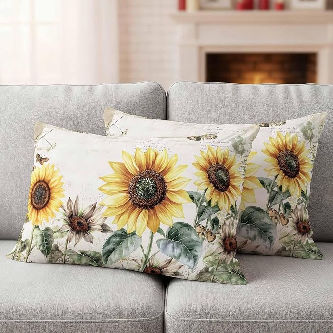 Vintage Yellow Sunflowers Outdoor Waterproof Throw Pillow Covers Set of 2, 20"x12", American Pastoral Style Decorative Pillow Covers Outside Cushion Case for Patio Porch Garden