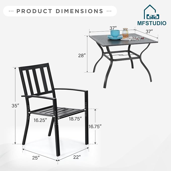 MFSTUDIO Outdoor Table and Chairs Set for 4 w/Umbrella Hole | Durable metal frame, rust-resistant. Includes 4 chairs & patio table w/ umbrella hole. Perfect for deck, yard or patio.