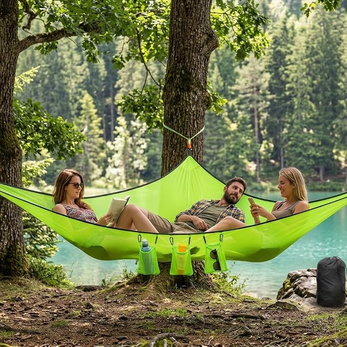 Multi-person triangular hammock, aerial camping hammock, suspended type, suitable for outdoor adventures, hiking, backyards, and gardens, includes straps, buckles, and storage bag (Black, 157in*157in)