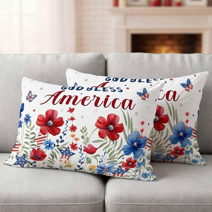 God Bless USA Outdoor Waterproof Throw Pillow Covers Set of 2, 20"x12", Red Blue Daisy Butterfly Independence Day Decorative Pillow Covers Outside Cushion Case for Patio Porch Garden