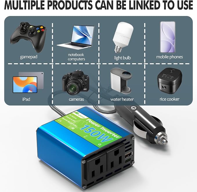 150W Power Inverter - Converter Vehicle Adapter Plug Outlet 12v to 110v, Car Plug Adapter 300W Peak with 2 AC Outlets, for Vehicles, Cigarette Lighter Outlet for Phone/Laptop