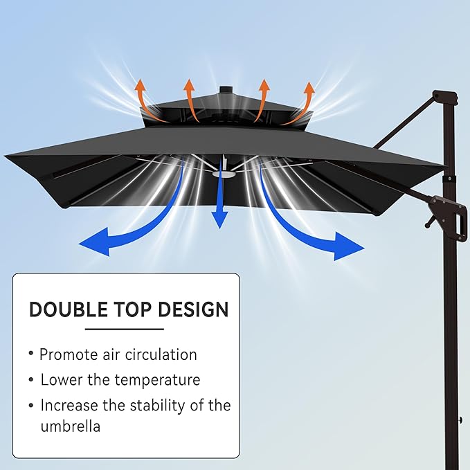 10' X 13' Cantilever Patio Umbrella with Led Lights Double Top Rectangular Outdoor Large Offset Umbrellas with 7 Tilts Adjustable 360°Rotation for Deck Pool Garden Backyard, Grey