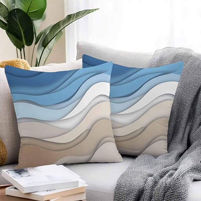 Modern Outdoor Pillow Covers Set of 2,Geometric Line Wave Striped Decorative Waterproof Throw Pillow Case,Minimalist Blue Brown Ombre Gradient Cushion Pillowcases for Couch Garden Patio,20x20In