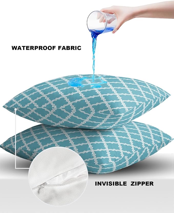 Outdoor Waterproof Pillow Covers for Patio Furniture Moroccan Pattern Decorative Throw Pillow Cover Blue Geometric Trellis Pillowcases Set of 2 Cushion Case for Sofa Couch Chair Home Decor 24x24 inch