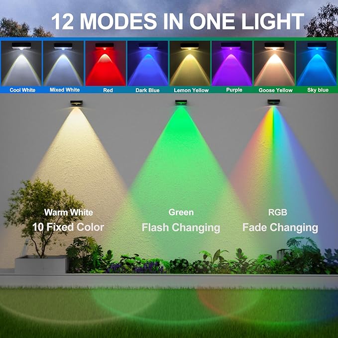 ZCXLIGHT Solar Fence Lights,Fence Lights Solar Powered Waterproof IP65 Multicolor Led 12 Fixed Colors ＆RGB Color Changing for Pool, Deck, Patio, Porch, Stairs, Holiday-12pack