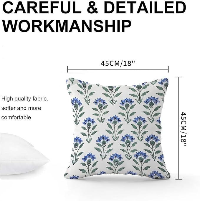 Mughal Flower Cushion Cases Blue Lotus Floral Throw Pillow Cover Rustic Outdoor Waterproof Decorative Pillow Cover for Patio Couch Bench 18x18 in