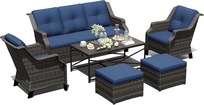 Outdoor Patio Furniture Set, 6 Piece Wicker Patio Furniture with Thick Cushions, Curved Armrest, Deep Seating, Rattan Outdoor Chairs for Porch, Deck, Balcony