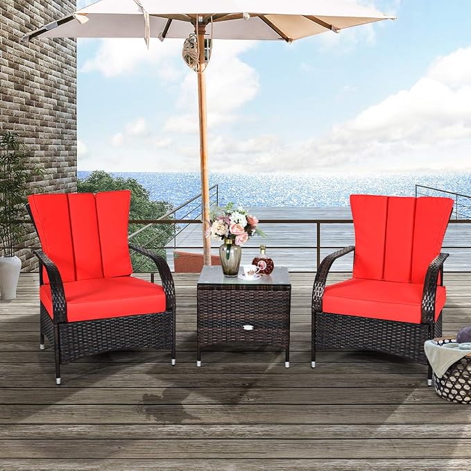 Tangkula 3-Piece Patio Conversation Set, Outdoor Wicker Furniture Set, Rattan Coffee Table & Chairs Set with Cushions, Outdoor Conversation Set for Garden Balcony Backyard (Red)