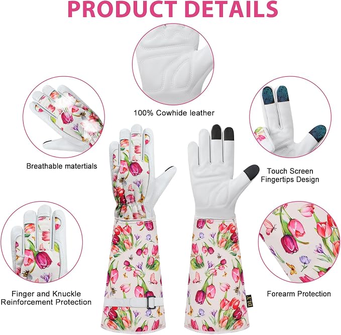 DLY Garden Gloves for Women,Gardening Gloves,Garden Gift for Lady,White,XL | Thornproof Cowhide Palm, Foam-Padded Grip, Long Tulip Print Cuff, 3-Finger Touchscreen, Rose Pruning, Gardening & Yard Work