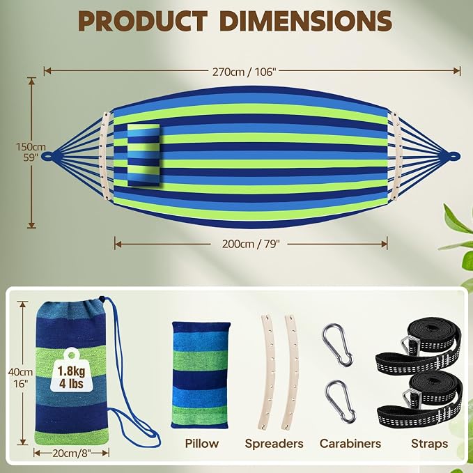 Chihee Cotton Hammock Holds Up to 660lbs Fabric Hammock 8.9x4.9ft Soft Portable Tree Hammocks Camping with Detachable Spreader Bar Pillow 2 Strong Webbings 2 Carabiners Indoor Outdoor Backyard Garden