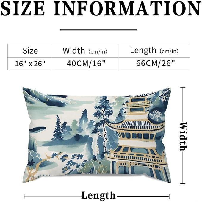 Lumbar Pillow Cases Blue and White Chinoiserie Pagoda Asian Cushion Cases Modern Ming Rain Chinoiserie Pillow Cover Accent Outdoor Garden for Sofa Couch Bed Indoor Decor 16x26in