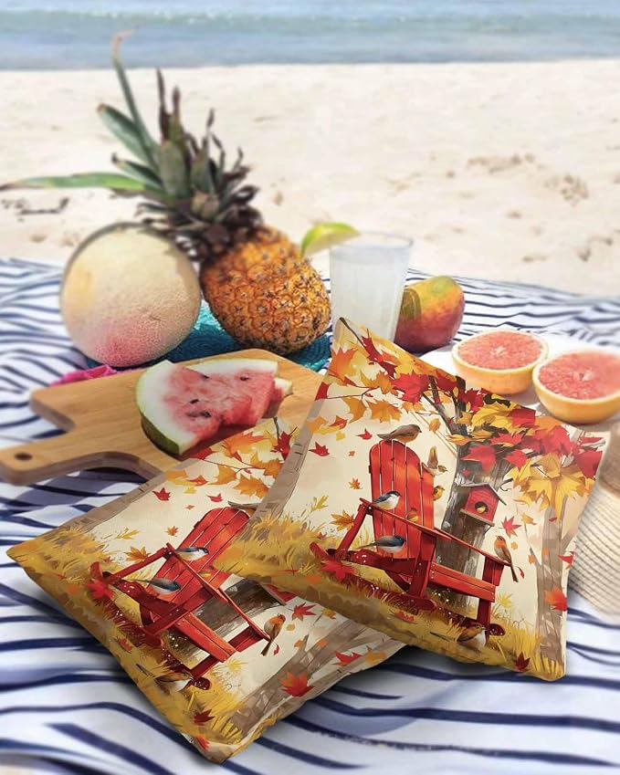 Outdoor Waterproof Throw Pillow Covers 24x24in, Autumn Maple Forest Cushions for Garden Patio Furniture Chairs Set of 2, Red Chair Birds Home Decor Couch Sofa Polyester Pillow Cases