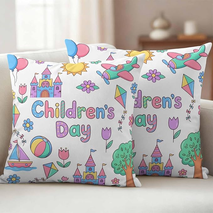 Pack of 2 Children's Day Outdoor Pillow Covers Decorative, Waterproof Pillow Protector, Airplanes Sailing Boats Tree Cartoon School Throw Pillowcases Accent Cushion Cases for Patio Couch Sofa 16"x16"