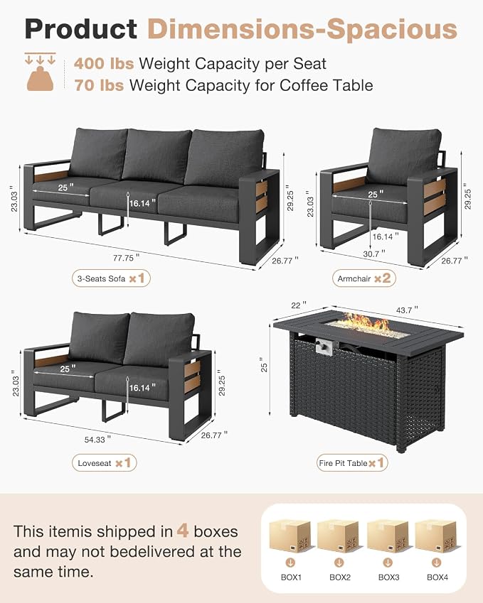 Aoxun Aluminum Patio Furniture Set with Fire Pit Table, 5 Piece Luxury Outdoor Sectional with 6" Olefin Fabric Cushions, Patio Conversation Sets with Waterproof Cover for Backyard, Porch Dark Grey