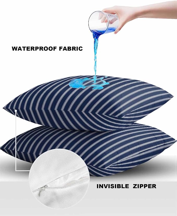 Outdoor Waterproof Throw Pillow Covers Set of 2 Navy Blue Stripe Pillowcases 24x24 Inches Vertical Striped Patio Decorative Pillows Cushion Case Patio Pillows for Couch Bed Chair Garden
