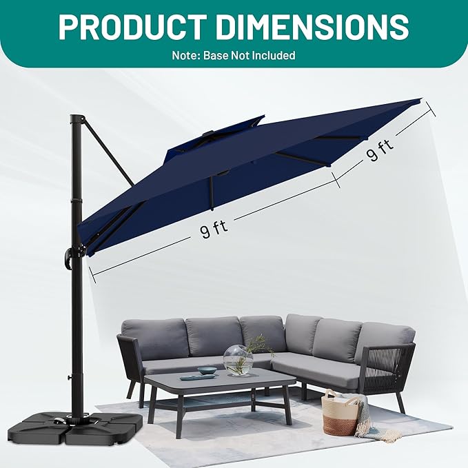 AreShark 9×9FT Double-Top Cantilever Patio Umbrella with Base Included, Square Offset Umbrella with 360 Degree Rotation, Heavy Duty Patio Umbrella for Garden Deck Pool, 5 Tilt Angles, Navy