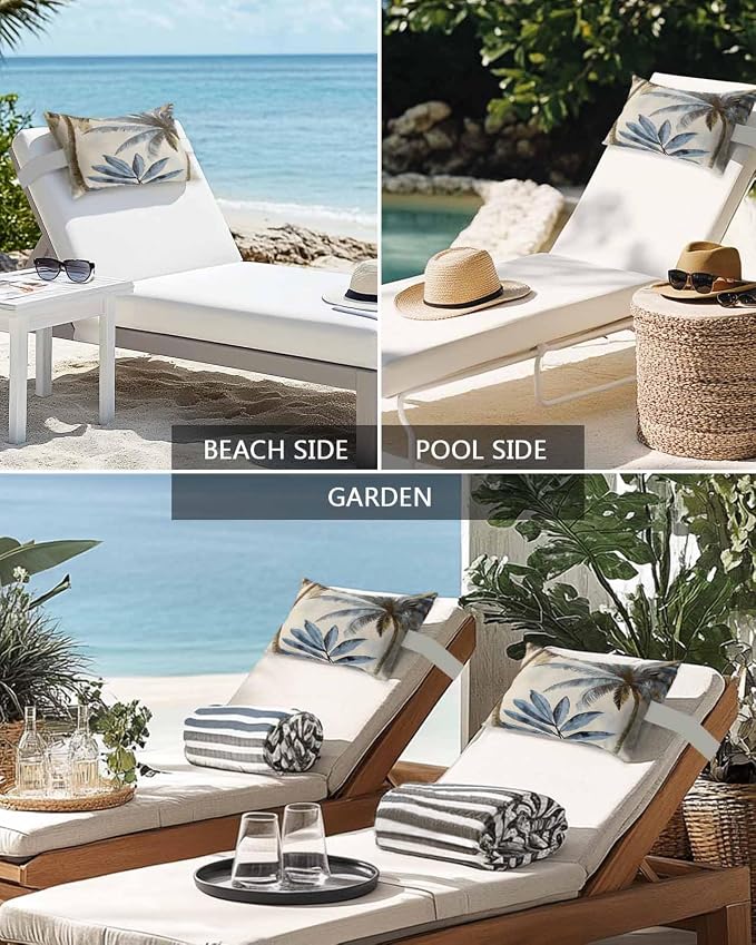 Palm Trees Outdoor Chaise Lounge Chair Head Pillow,1 Pack Headrest Lumbar Throw Pillows Cover Case with Insert and Elastic Band for Pool Beach,Blue Brown Vintage Watercolor Tropical 11"x16"