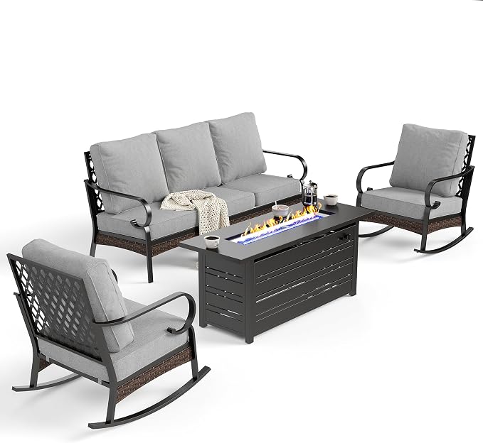 SUNSHINE VALLEY 4 Piece Black Metal Outdoor Patio Furniture Sets with Firepit Table, Patio Conversation Sets 1 3-Seater Sofa, 2 Rocking Sofa with 5.75" Cushion Backyard Furniture for Deck, Light Gray