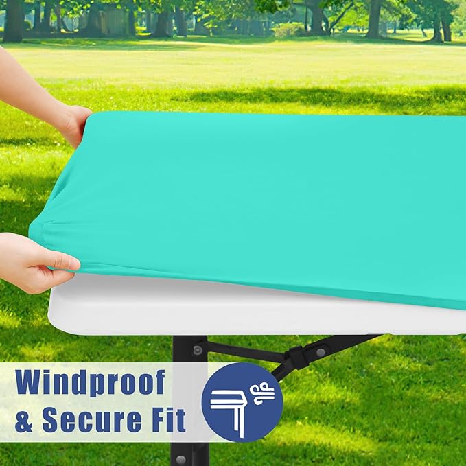 Moosfor Spandex 8 Foot Rectangle Table Cloth 2 Pack, Elastic Fitted Tablecloths for Picnic, Stretch Washable Patio Table Cover for Outdoor, Camping, Banquet and Parties(Aqua Blue, 30"x96")