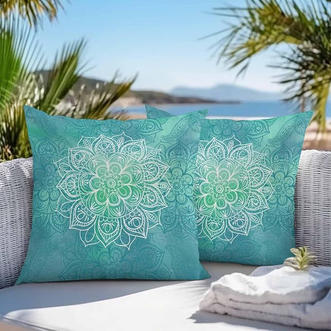 Vandarllin Outdoor Throw Pillows Covers 26x26 inch Set of 2 Waterproof Turquoise Boho Floral Decorative Zippered Cushion Covers for Patio Furniture, Bohemian Flower Lumbar Pillowcases
