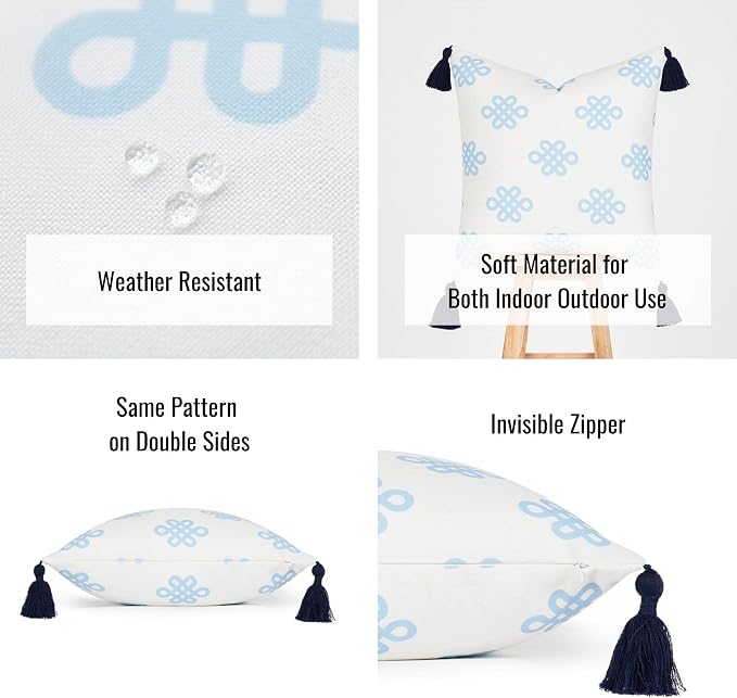 Hofdeco Premium Coastal Patio Indoor Outdoor Lumbar Pillow Cover ONLY for Backyard, Couch, Sofa, Baby Blue Greek Key Knot Tassel, 18"x18"