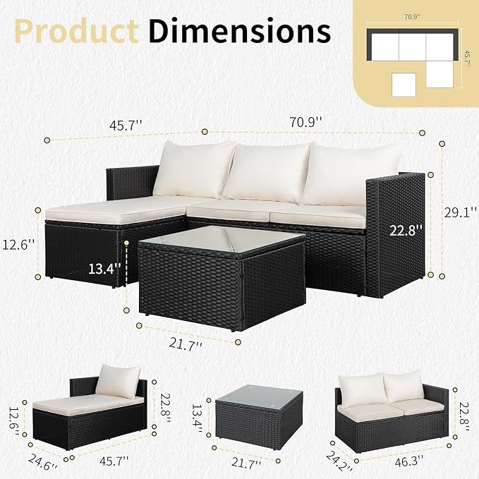 JAMFLY 3-Piece Outdoor Sectional Sofa Set with Glass Coffee Table, All-Weather PE Wicker Patio Furniture with Thick Cushions, Modular Conversation Set for Small Balcony, Deck & Porch, Beige