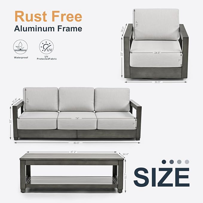 HAPPATIO Oversized Aluminum Patio Furniture Set, Outdoor Conversation Set 4 Pieces with 3-Seat Sofa, 2 Swivel Sofa Chairs, 1 Coffee Table, Extra Large Seat with Thicken Cushion for Deck Poolside,Grey