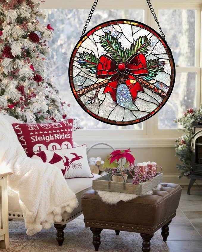 DASTOLL Stained Glass Window Hanging - Pine Branches Red Bow Suncatcher for Doors Home Christmas Decoration Silver Sun Catcher Thanksgiving New Year Birthday Gifts for Women Men Mom Nana 6.3 in