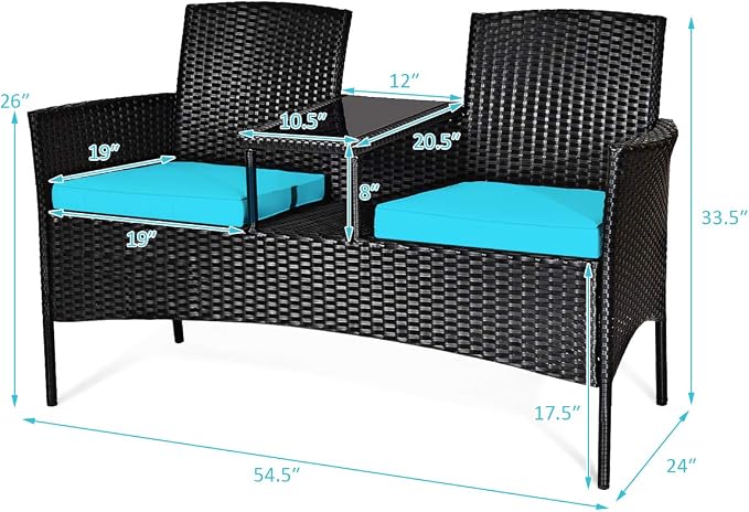 COSTWAY 2-Seat Patio Conversation Sets, Outdoor Patio Loveseat Set with Removable Cushions & Built-in Coffee Table for Backyard, Garden, Lawn, Balcony, Black+Turquoise